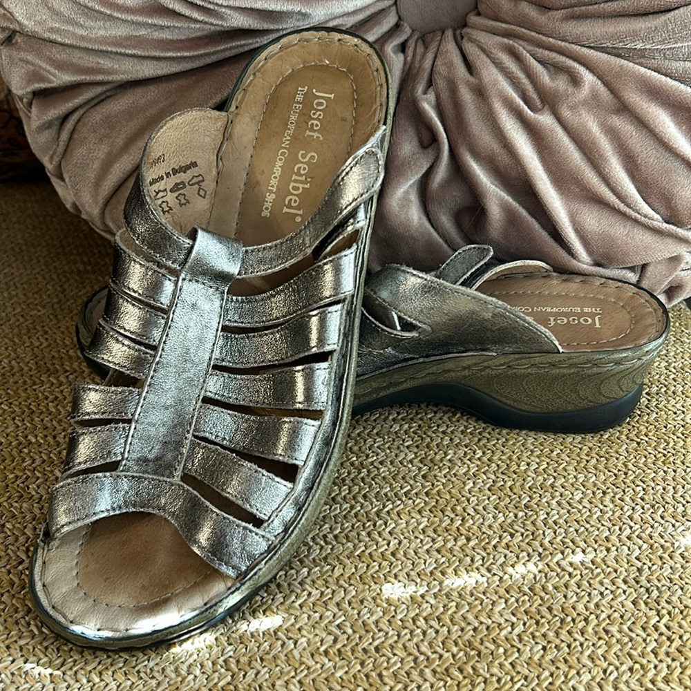 Josef Seibel Leather Sandals Sz EU 41 Women's US 10 Silver Metallic Strappy